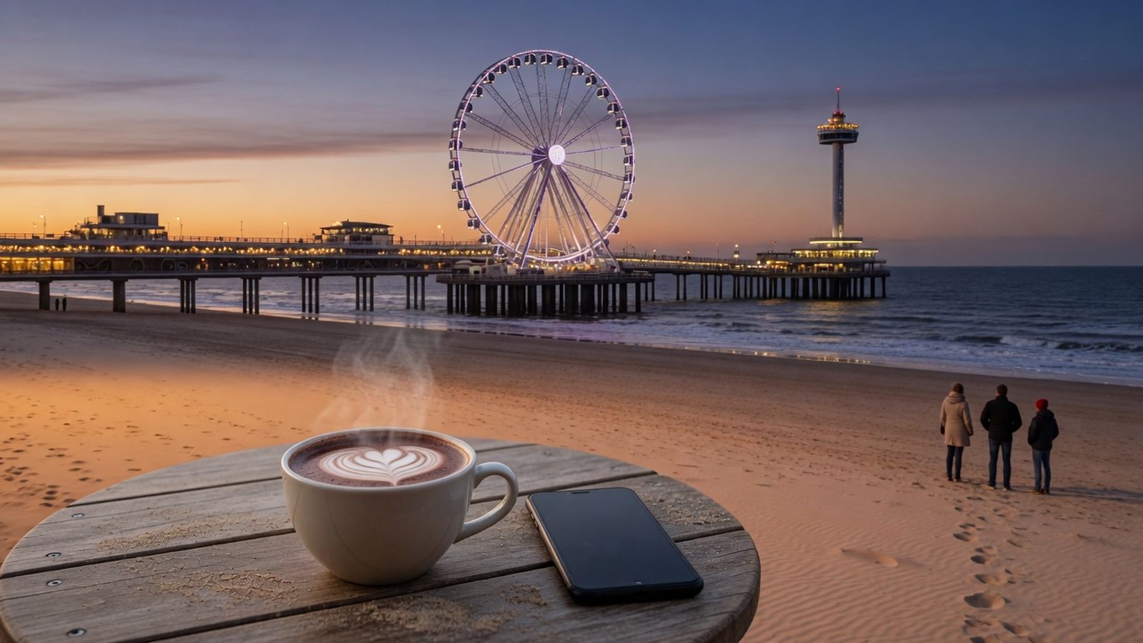 Strandtafel in Scheveningen bij schemering met de pier op de achtergrond